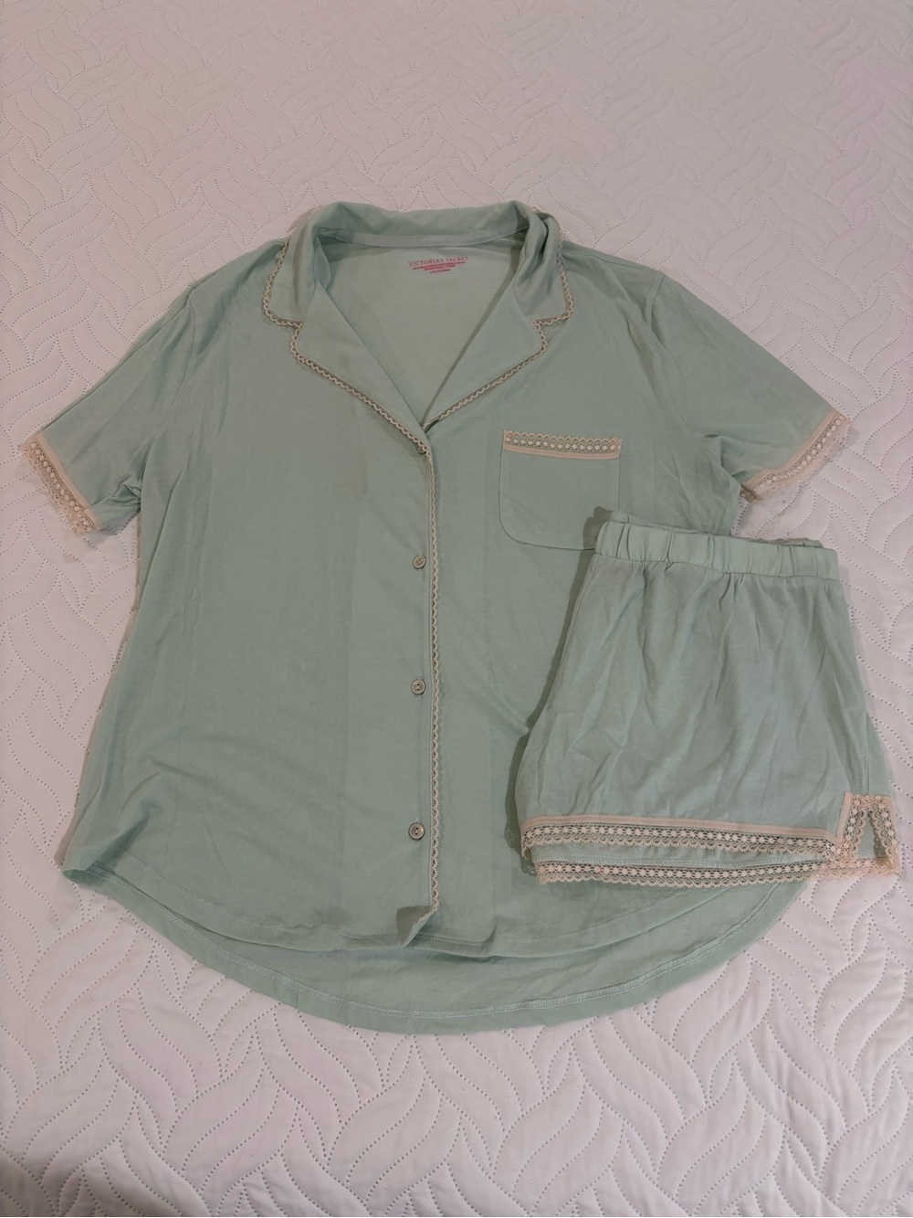 Victoria's Secret Pale Mint Short-Sleeve Pajama Set with Lace Trim Large
